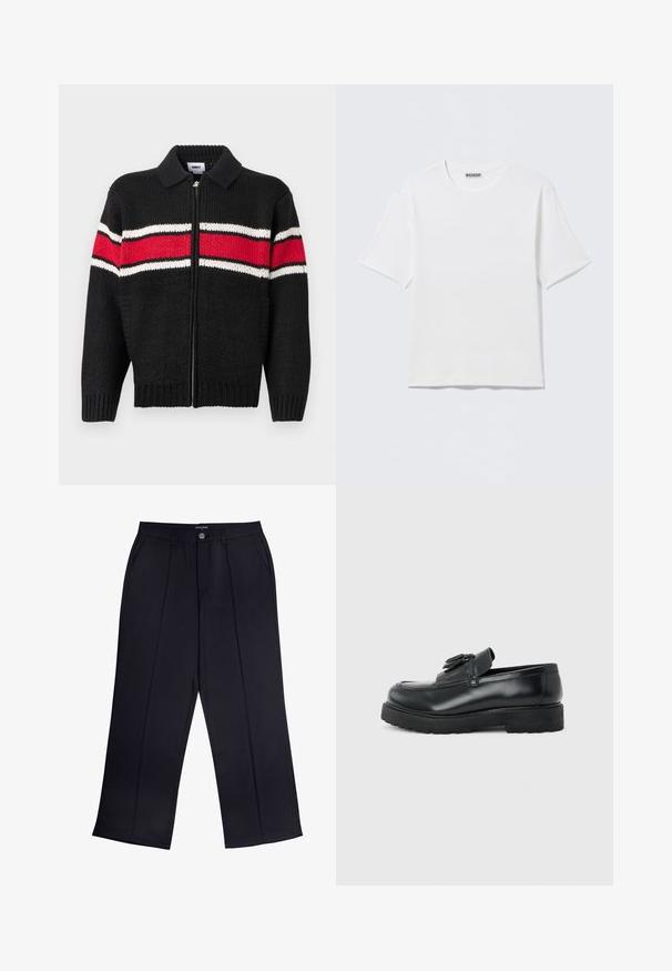 Sort strikket cardigan med lynlås foran, der har røde og hvide stribede detaljer over brystet og ærmerne samt en krave.; Hvid, kortærmet t-shirt med rund hals og et lille "WEEKDAY"-mærke på indersiden af bagkraven, vist på en flad overflade.; Sorte viddebukser lavet af glat stof med lynlås og knaplukning samt forlommer. Bemærkelsesværdige folder ned ad hvert ben.; Sort læderloafer med kvaster, tyk gummisål og lav hæl, vist i sideprofil på en ensfarvet baggrund.