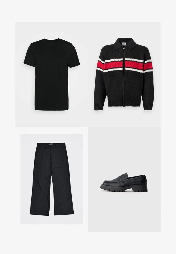 Cardigan noir en maille avec une fermeture éclair sur le devant, présentant des accents rayés rouges et blancs sur la poitrine et les manches, et un col à revers.; T-shirt noir à manches courtes en coton lisse, avec un col ras du cou et un design simple sans motifs ni accents.; Pantalon large gris foncé en tissu texturé, avec deux poches avant et passants pour ceinture. L'étiquette indique "United Loneliness".; Mocassins en cuir noir avec un bout arrondi, présentant une sangle décorative et une semelle en caoutchouc épaisse avec de profonds crampons pour une meilleure adhérence.