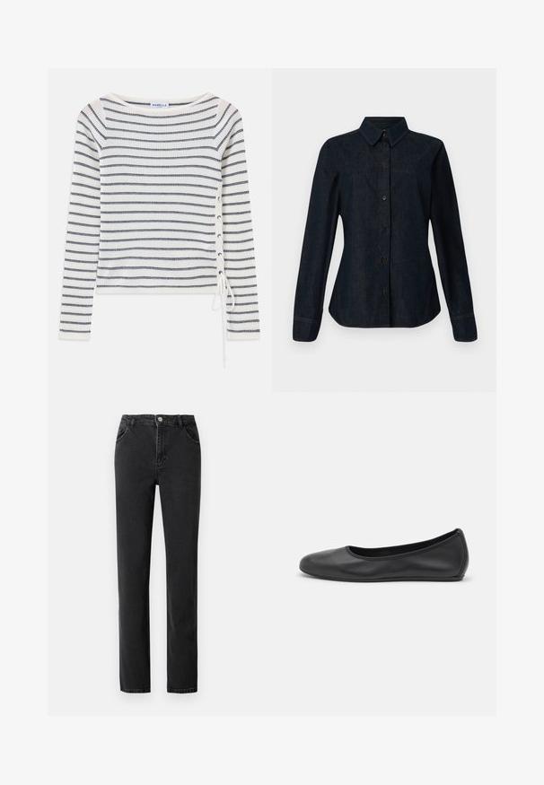 Gestreiftes Langarmoberteil in Weiß und Marineblau, mit weiter Ausschnitt und Schnürdetail an der Seite. Hergestellt aus einem strukturierten Strickstoff.; CLOSED SEAMING SHIRT - Hemdbluse - dark blue; Schwarze Jeans aus Denim mit hoher Taille, geradem Bein, fünf Taschen und einem Knopfverschluss aus Metall.; Schwarze Leder-Ballettschuhe mit abgerundeter Spitze, glatter Textur, minimalen Nähdetails und einem flexiblen Sohlen-Design.