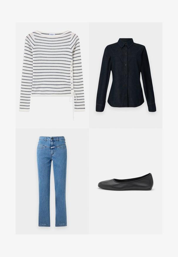 Stribet langærmet top i hvid og navy, med en bred halsudskæring og snørredetaljer på siden. Fremstillet af et struktureret strikket stof.; CLOSED SEAMING SHIRT - Skjortebluser - dark blue; Lysblå denimjeans med lige ben, høj talje og to forlommer. Har knaplukning og mærkegenkendelse nær kanten.; Sort læderballetsko med rund tå, glat tekstur, minimal syning og et fleksibelt såldesign.