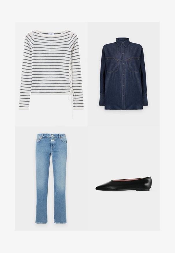 Haut à rayures à manches longues en blanc et marine, avec un large col et un détail à lacets sur le côté. Confectionné en tissu tricoté texturé.; Chemise en denim bleu foncé à manches longues, fermeture à boutons, deux poches poitrine et surpiqûres contrastantes orange. Col classique et coupe décontractée.; Jean en denim bleu avec une coupe droite, taille mi-haute, cinq poches et un léger délavage sur l'ensemble du tissu.; Chaussure plate en cuir noir pour femme, avec bout pointu et petit talon, vue de côté sur un fond gris clair uni.