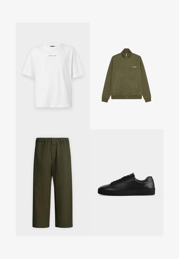 Olivgroene jas met ritssluiting, opstaande kraag, twee voorzakken, geribde manchetten en zoom, en wit scriptlogo op de linkerborst.; Wit T-shirt met korte mouwen en ronde hals, met kleine rode "MICHAEL KORS" tekst gecentreerd op de borst.; Donkergroene losse broek met een elastische tailleband, rechte pijpen en zonder zichtbare zakken of versieringen, getoond op een effen achtergrond.; Zwarte lage leren sneaker met zwarte veters, gestructureerde rubberen zool en klein geperst logo aan de zijkant, zijaanzicht tegen een grijze achtergrond.