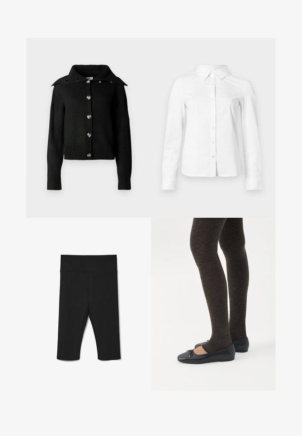 Cárdigan negro con un diseño de cuello, botones plateados y puños y dobladillo acanalados. Fabricado en una suave tela de punto con una textura lisa.; Camisa blanca de manga larga con botones, cuello puntiagudo, bajo recto y silueta ajustada, presentada sobre un fondo claro y liso.; Leggings negros hasta la rodilla hechos de un tejido elástico, con una cinturilla ancha y costuras planas para mayor comodidad. Sin patrones ni acentos visibles.; Piernas con leggings oscuros acanalados combinados con bailarinas negras que presentan pequeños detalles de lazo sobre un fondo blanco.