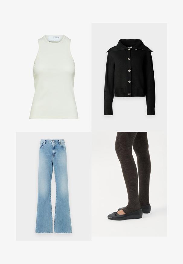 Sort cardigan med krave-design, sølvknapper og ribbede ærmer og kant. Lavet af blødt strikstof med en glat tekstur.; Ærmeløs hvid ribbet tanktop med rund halsudskæring fra Selected Femme, viser frontvisning uden mønstre eller dekorationer.; Lyseblå denim flared jeans med høj talje, fem lommer og stikninger, der har en knap- og lynlås lukning.; Ben iført mørke ribbede leggings kombineret med sorte balletsko med små sløjfedetaljer på hvid baggrund.