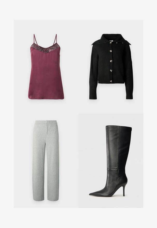Cardigan noir avec un design à col, des boutons en argent et des poignets et un ourlet côtelés. Fabriqué en tissu tricoté doux avec une texture lisse.; Camisole en satin bourgogne avec des bretelles fines ajustables et un décolleté en V orné de sequins. Texture lisse, avec une coupe ample.; Pantalon tissé gris clair avec une texture chinée subtile, présentant une coupe large et une ceinture plate, sans éléments métalliques visibles ni poches.; Botte noire en cuir, hauteur genou, avec bout pointu et talon aiguille fin, texture lisse, profil latéral sur fond neutre.
