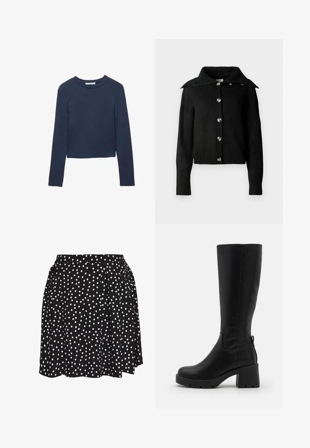 Sort cardigan med krave-design, sølvknapper og ribbede ærmer og kant. Lavet af blødt strikstof med en glat tekstur.; Mørkeblå langærmet cropped skjorte med rund hals, præsenteret fladt på en hvid baggrund.; Even&Odd A-snit nederdel - white/black; Even&Odd Plateaustøvler - black