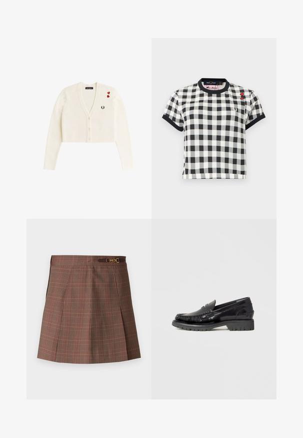 Hvid cropped cardigan med V-udskæring, tre knapper, lille sort lagerbladlogo på brystet og to røde hjerte-patches på venstre skulder.; Sort-hvid ternet kortærmet skjorte med sort krave og manchetter, med to små røde hjertepatches på øverste højre bryst.; Brunternet skørter med orange accenter, der har et plisseret design, en tætsiddende talje og en dekorativ guldfarvet detalje på bæltet.; Sort læderloafer med en overdel i mokkasinstil, tekstureret frynsedetalje og en tyk sort gummisål. Glat finish, afrundet tå.
