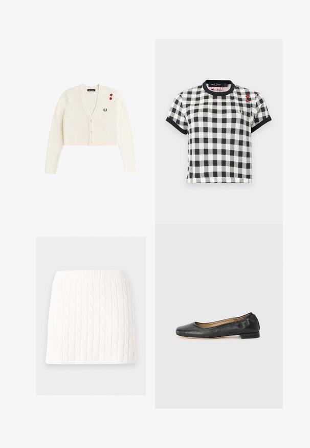 Cardigan blanc court à col en V, trois boutons, petit logo laurier noir sur la poitrine et deux patches de cœur rouges sur l'épaule gauche.; Chemise à manches courtes à carreaux noir et blanc avec col et poignets noirs, ornée de deux petites écussons en forme de cœur rouge sur la partie supérieure droite de la poitrine.; Mini-jupe blanche en maille avec motif torsadé et taille élastique sur fond uni.; Ballerines en cuir noir avec un bout arrondi et des coutures minimales. Talon bas et rectangulaire avec une texture lisse. Détails subtils de doublure intérieure.