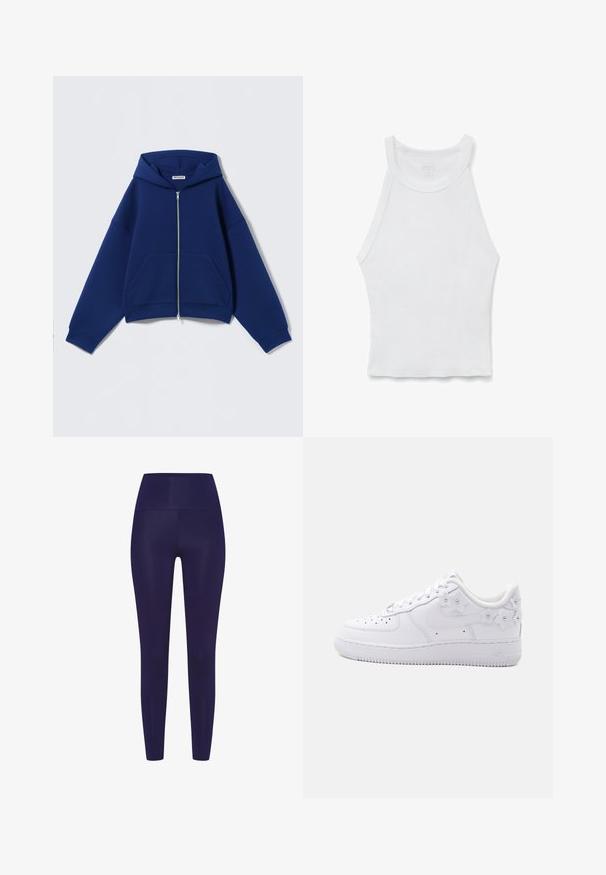 Sudadera con capucha azul marino con cremallera, hecha de un tejido suave, con una capucha espaciosa, bolsillos delanteros y puños acanalados, con un ajuste relajado y holgado.; Camiseta de tirantes blanca con canalé, cuello alto y silueta ajustada, colocada plana sobre un fondo blanco.; Leggings azul marino con una cintura alta, hechos de un material liso y elástico. El diseño presenta una forma ajustada sin patrones.; Zapatilla blanca de caña baja con puntera perforada, logo Nike y detalles decorativos florales blancos en el talón y el lateral.