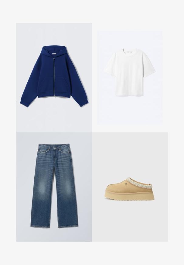 Sweat à capuche zippé bleu marine en tissu doux, doté d'une capuche spacieuse, de poches avant et de poignets côtelés avec une coupe décontractée et surdimensionnée.; T-shirt blanc à manches courtes avec col rond et ourlet droit, étiquette de marque "WEEKDAY" à l’intérieur de l’encolure.; Jean en denim bleu à jambes droites avec cinq poches, passants pour ceinture, fermeture par boutons et décoloration sur les cuisses avant.; Chaussure UGG slip-on beige avec semelle épaisse et bordure à motif autour de l’ouverture, vue de côté sur un fond uni.