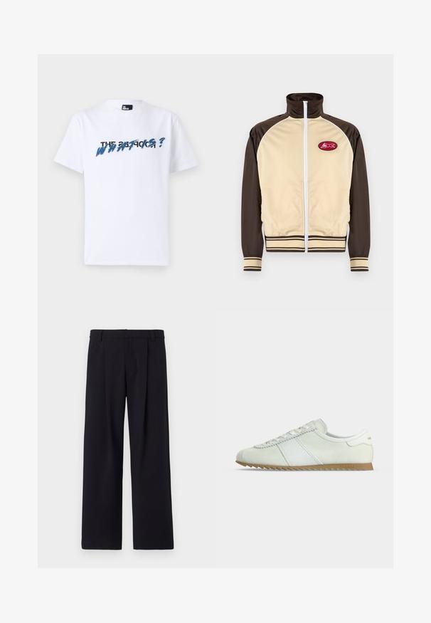 Beige- und braune Zip-Jacke mit hohem Kragen, gestreiften Bündchen und Saum, ausgestattet mit einem runden Aufnäher mit einem roten Design im linken Brustbereich.; Weißes Baumwoll-T-Shirt mit kurzen Ärmeln; zeigt grafischen Text in Blau und Schwarz mit der Aufschrift "DAS WAS IST?" über der Brust. Weicher Stoff.; Schwarzfarbige weite Hosen aus Stoff mit vorderen Falten, flachem Bund und Gürtelschlaufen. Glatte Textur ohne sichtbare Muster oder Akzente.; Flacher weißer Sneaker aus Wildleder und Leder mit weißen Schnürsenkeln und einer beige gezackten Gummisohle, von der Seite betrachtet.
