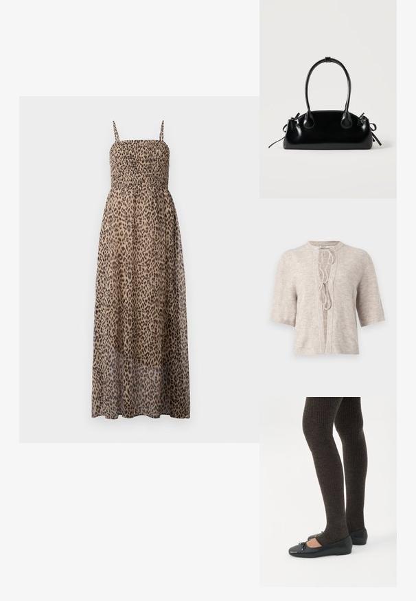Hellbeige gestrickte Strickjacke mit kurzen Ärmeln, offenen Vorderteil und einer Schnürung am Ausschnitt. Weicher Stoff, lässiges Design.; Maxikleid mit Leopardenmuster, gerafftem Oberteil, dünnen Trägern und transparentem Stoff. Es zeichnet sich durch ein fließendes, leichtes Design aus.; Beine in dunklen, gerippten Leggings kombiniert mit schwarzen Ballerinas mit kleinen Schleifendetails auf weißem Hintergrund.; Kleine schwarze glänzende Handtasche mit zwei langen Griffen und seitlichen Kordelzug-Details vor einfachem hellem Hintergrund.