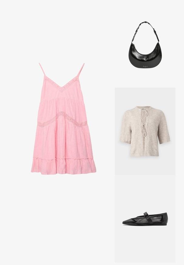 Cardigan tricoté beige clair à manches courtes, à l'avant ouvert, avec un détail à lacets au niveau du col. Texture douce, design décontracté.; Robe d'été rose sans manches avec fines bretelles, bordure en dentelle le long du décolleté en V et de la taille, et ourlet à volants.; Chaussure plate noire avec un bout pointu, panneaux latéraux en maille et une sangle avec une boucle décorative. Fini lisse sur les sections du bout et du talon.; Pepe Jeans GRACEY - Sac à main - black