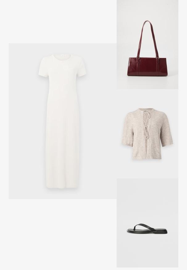 Lys beige strikket cardigan med korte ærmer, åben front og snørredetalje ved halsen. Blød tekstur, afslappet design.; Beige, kortærmet kjole i knælængde lavet af blødt bomuldsstof. Har rund halsudskæring og en enkel, lige silhuet.; Sorte flip-flops lavet af glat læder, med et tyndt remdesign og en flad sål med et minimalt profil. Ingen bemærkelsesværdige mønstre eller accenter.; Bordeaux håndtaske lavet af glansfuldt materiale, rektangulær form, med to skulderremme og subtile buede detaljer på forsiden.