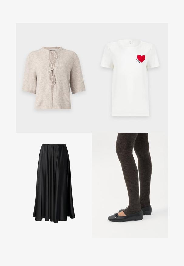 Licht beige gebreide cardigan met korte mouwen, open voorkant en een veterdetail bij de halslijn. Zachte textuur, casual ontwerp.; Witte T-shirt met korte mouwen met een rode hart en het woord "AMOUR" gedrukt op de linkerkant van de borst.; Zwarte maxi rok van gladde stof, met een elastische tailleband, een volle silhouet en een vloeiende zoom zonder zichtbare patronen of details.; Benen met donkere geribbelde leggings gecombineerd met zwarte ballerina's met kleine strikdetails op een witte achtergrond.