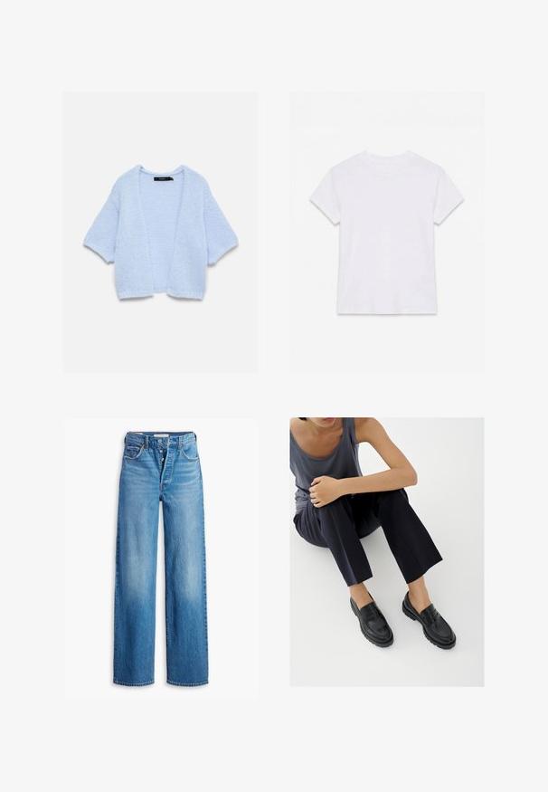 Lyseblå strikket cardigan med åben front og korte ærmer, vist fladt mod en hvid baggrund.; Hvid kortærmet t-shirt i bomuld med rund hals, lagt fladt på en hvid baggrund.; Blå denimjeans med høj talje, vidde ben og fem lomme-design. Har en knaplukning og en falmet finish.; Sorte læderloafers med teksturerede detaljer, lav hæl, rund tå og synlige syninger. Modellen bærer mørke bukser og en grå top.