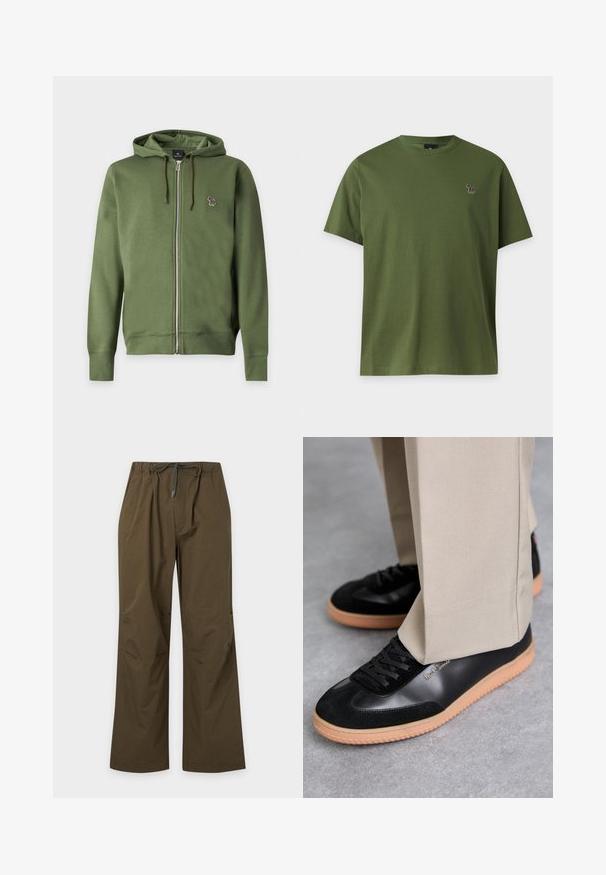 Sweat à capuche zippé vert olive avec cordons et petit logo zèbre multicolore brodé sur la poitrine gauche.; T-shirt vert olive uni à manches courtes avec un petit logo zèbre multicolore sur la poitrine gauche sur un fond clair.; Pantalon décontracté vert olive avec taille élastique et cordon de serrage à l'avant, coupe droite et coupe décontractée.; Paul Smith COMO - Baskets basses - black