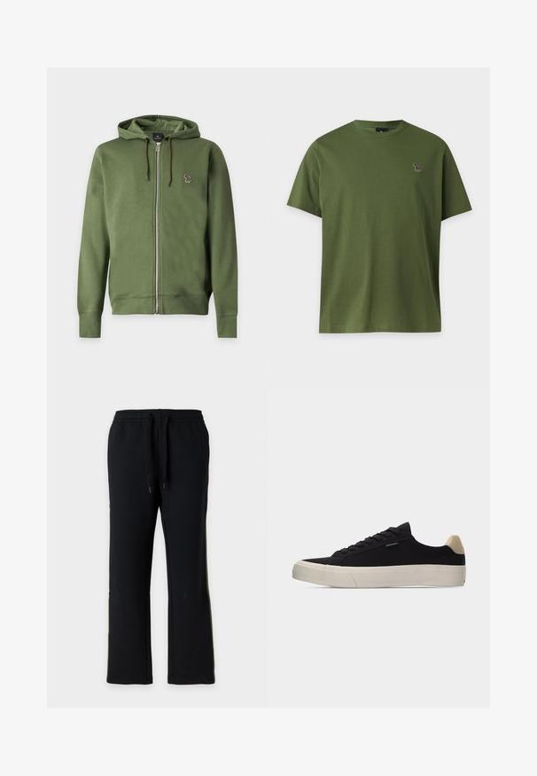 Sweat à capuche zippé vert olive avec cordons et petit logo zèbre multicolore brodé sur la poitrine gauche.; T-shirt vert olive uni à manches courtes avec un petit logo zèbre multicolore sur la poitrine gauche sur un fond clair.; Pantalon de jogging noir à coupe droite avec taille élastique et cordons noirs, présenté sur un fond gris clair uni.; Baskets basses noires avec languette beige au talon, semelle en caoutchouc blanche épaisse, lacets noirs et petite étiquette "PS Paul Smith" sur le côté.