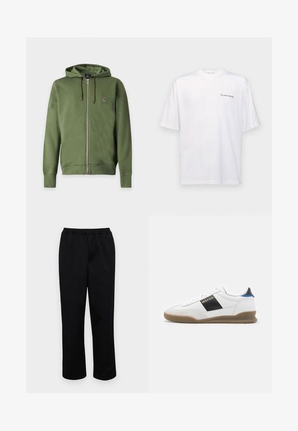 Olivengroene zip-up hoodie met trekkoorden en een klein geborduurd meerkleurig zebralogo op de linkerborst.; Witte katoenen T-shirt met korte mouwen en een V-hals, voorzien van een zwart "FILLING PIECES" logo dat aan de linkerkant is gedrukt.; Zwarte, halflange broeken met een elastische tailleband. Gemaakt van een soepel stof, met een ontspannen pasvorm en zonder zichtbare zakken of versieringen.; Witte sneaker met zwarte en blauwe accenten, bovenwerk van suède en leer, ronde neus, platte rubberen zool en gouden merkteken aan de zijkant.