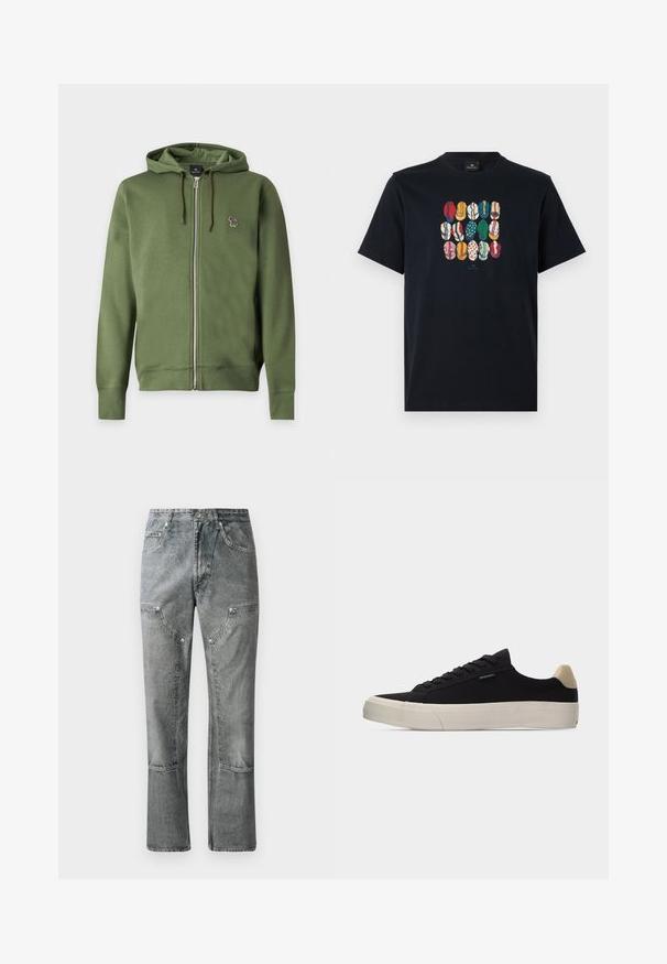 Olivengrøn lynlås-hættetrøje med snore og et lille broderet multifarvet zebra-logo på venstre bryst.; Sort bomulds T-shirt med et farverigt grafisk motiv af forskellige læber i forskellige mønstre og farver på foran. Rund halsudskæring, korte ærmer.; Grå denimjeans med lige pasform, der har frontlommer, synlige sømme og en falmet finish. Materialet har en glat overflade.; Sort lavsko med beige hælkappe, tyk hvid gummisål, sorte snørebånd og lille "PS Paul Smith" mærke på siden.