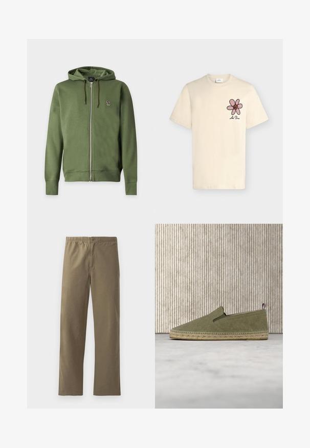 Olivengrøn lynlås-hættetrøje med snore og et lille broderet multifarvet zebra-logo på venstre bryst.; Kremfarvet T-shirt med korte ærmer med et pink og brunt basketballblomst-grafik og teksten "Les Deux" på venstre bryst.; Khaki bukser lavet af letvægtsmateriale. Har en elastisk talje, knaplukning, lige ben og en glat overflade.; Olivengrøn lærreds-espadrille med fletbundet jutesål og tricolorfarvet trækflig, hængende over beige tæppe og gennemsigtige ravfarvede møbler.