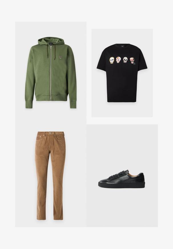 Sudadera con capucha verde oliva con cremallera, cordones y un pequeño logo de cebra multicolor bordado en el lado izquierdo del pecho.; Camiseta negra de manga corta con cuatro diseños bordados de calaveras coloridas alineados horizontalmente a lo largo del pecho.; Pantalones de pana marrones con un corte ajustado, que cuentan con cinco bolsillos, cierre de botón y detalles de costura a lo largo de las costuras.; Zapatilla negra de cuero con una textura suave, puntera redonda y cierre de cordones. Presenta una suela de goma gruesa y un detalle de marca mínimo.