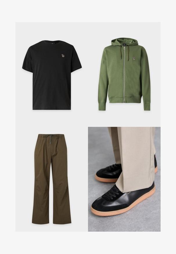 Sweat à capuche zippé vert olive avec cordons et petit logo zèbre multicolore brodé sur la poitrine gauche.; T-shirt noir à manches courtes avec un petit logo zèbre multicolore sur la poitrine gauche sur un fond uni.; Pantalon décontracté vert olive avec taille élastique et cordon de serrage à l'avant, coupe droite et coupe décontractée.; Paul Smith COMO - Baskets basses - black