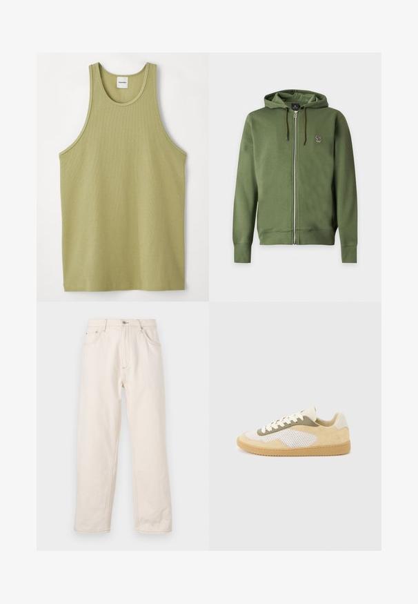 Sudadera con capucha verde oliva con cremallera, cordones y un pequeño logo de cebra multicolor bordado en el lado izquierdo del pecho.; Top de tirantes de color verde claro con un escote redondo y amplias sisas. La tela parece suave, con una textura sutil y un dobladillo regular.; Vaqueros rectos beige de mezclilla, con cierre de botón, cinco bolsillos y detalles de costura visibles. Textura suave.; Zapatilla baja con ante beige, paneles de malla blanca, detalles en oliva, cordones blancos y suela de goma color caramelo sobre un fondo gris claro.