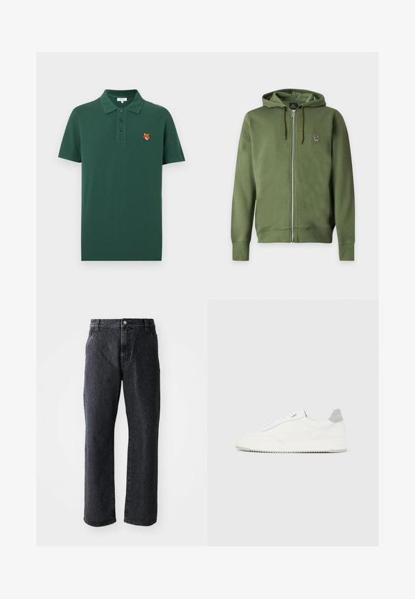 Sweat à capuche zippé vert olive avec cordons et petit logo zèbre multicolore brodé sur la poitrine gauche.; Polo vert foncé à manches courtes avec trois boutons et une petite tête de renard brodée sur le côté gauche de la poitrine.; Jeans en denim noir à coupe droite, avec une fermeture à bouton, cinq poches et une texture subtile. Design classique sans motifs proéminents.; Baskets basses blanches avec un onglet de talon gris, des lacets blancs et une semelle texturée, présentées sur un fond uni clair.