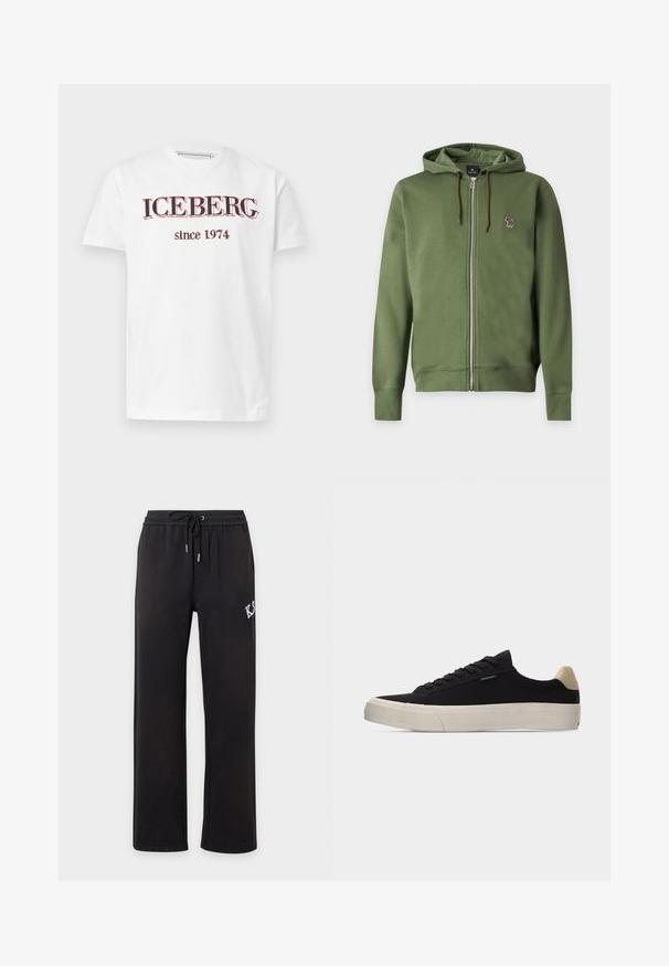 Olivengrøn lynlås-hættetrøje med snore og et lille broderet multifarvet zebra-logo på venstre bryst.; Hvid t-shirt med korte ærmer med "ICEBERG" og "since 1974" trykt i sort og rød på forsiden.; Sorte afslappede bukser med lige ben, elastisk talje og snøre, med delvis hvid tekst på højre lår.; Sort lavsko med beige hælkappe, tyk hvid gummisål, sorte snørebånd og lille "PS Paul Smith" mærke på siden.