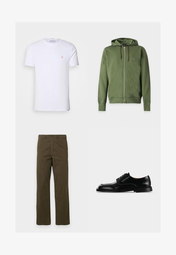 Olivengroene zip-up hoodie met trekkoorden en een klein geborduurd meerkleurig zebralogo op de linkerborst.; Witte katoenen t-shirt met korte mouwen, met een klein oranje "II" logo op de linkerborst en een ronde halslijn. Eenvoudig ontwerp en textuur.; Heren rechte bruine katoenen broek met riemlussen, knoop aan de voorkant en ritssluiting tegen een lichte achtergrond.; Zwarte glanzende leren veterschoenen met dikke gedetailleerde zool, afgebeeld vanaf de rechterkant tegen een eenvoudige lichte achtergrond.