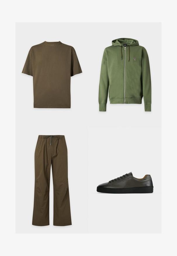 Sweat à capuche zippé vert olive avec cordons et petit logo zèbre multicolore brodé sur la poitrine gauche.; T-shirt uni vert olive à manches courtes, col rond et petit logo "BOSS" à l'arrière du col.; Pantalon décontracté vert olive avec taille élastique et cordon de serrage à l'avant, coupe droite et coupe décontractée.; Basket basse en cuir gris foncé avec lacets et semelle noirs, design minimaliste, profil latéral sur un fond clair uni.