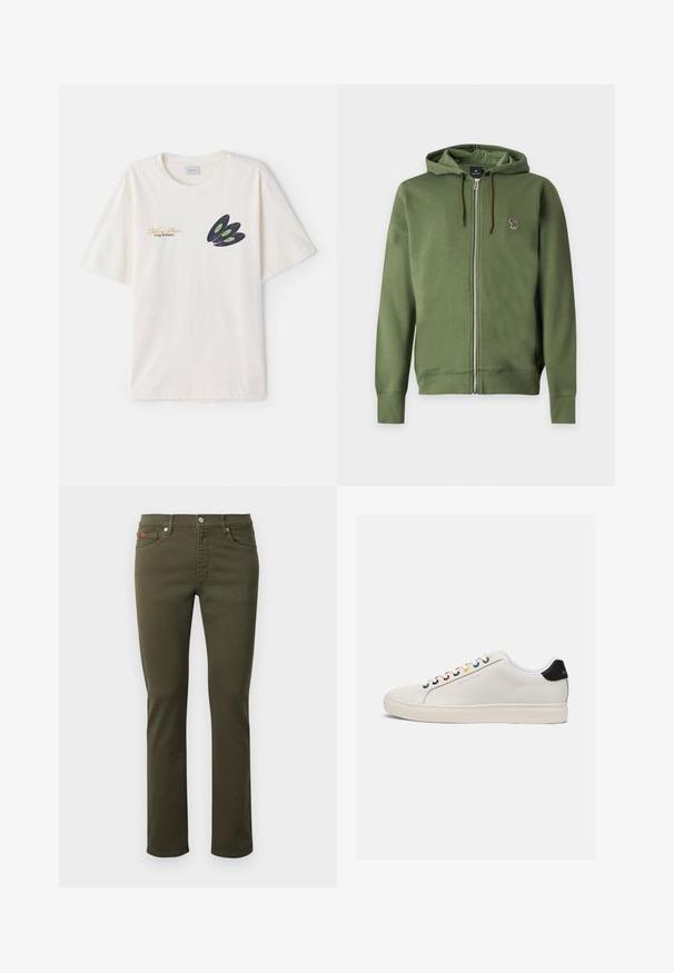 Olivengrøn lynlås-hættetrøje med snore og et lille broderet multifarvet zebra-logo på venstre bryst.; Cremefarvet bomulds t-shirt med et mørkt vinylplade grafik med grønne accenter og guldtekst på forsiden. Korte ærmer, rund hals.; Olivenfarvede jeans i slim fit-design med fem lommer, metalknap og syninger. Fremstillet af holdbart bomuldsblandingsstof.; Hvide lædersneakers med en let afrundet tå, flad sål, multikolorede snørehuller, sort hælflap og præget logo på siden.