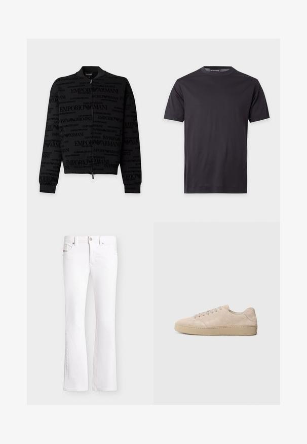 Veste noire zippée avec motif logo Emporio Armani embossé sur toute la surface et poignets et col côtelés.; T-shirt noir uni à manches courtes avec col rond, avec un petit logo ton sur ton sur la poitrine gauche et une étiquette de marque au niveau du col.; Jean bootcut blanc avec fermeture avant par bouton et zip, passants de ceinture et poches, présenté sur un fond uni.; Baskets en daim beige avec un bout rond, des lacets plats et une semelle en caoutchouc texturé. Design minimaliste avec des bords lisses et des coutures discrètes.