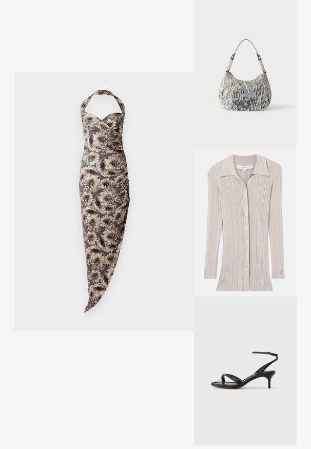 Lys grå ribbet cardigan med lange ærmer, en klapkrave og seks runde knapper foran. Struktureret stof med lodrette linjer.; Halter neck fitted kjole med grå og beige store blomsterprint, rynkede sider og asymmetrisk kant.; Sort damesandal i læder med tynde remme, en tå-loop, ankelspænde og en mellemhøj stiletthæl på en neutral baggrund.; Sølvglitrende håndtaske med en tekstureret overflade og buet form. Har et klart håndtag og lynlås for sikker opbevaring.