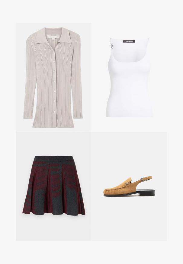 Lys grå ribbet cardigan med lange ærmer, en klapkrave og seks runde knapper foran. Struktureret stof med lodrette linjer.; Hvid tanktop med en rund udskæring. Lavet af tekstureret stof. Har slanke skulderstropper og et mærketikette på bagsiden.; Strik plettet mini nederdel med maroon og mørkegrå abstrakt mønster og ribbet talje.; Tan ruskind slingback loafer med sort sål, mokkasynsyning og justerbar spænde-rem.