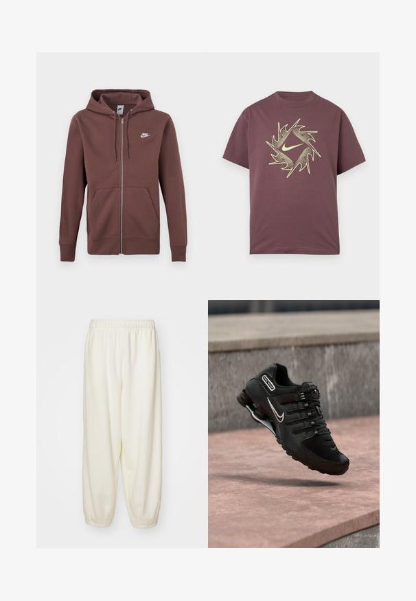 pruun Nike tõmblukuga kapuutsiga pusa paelaga kapuuts, ees kotikujuline tasku ja valge Nike logo vasakul rinnal.; Lühikeste varrukatega marsala värvi T-särk neoonkollase abstraktse torkiva ringikujulise mustri ja keskel rinnal olevaga Swoosh-logo.; Kreemikaalused dressipüksid on valmistatud pehmest kangast, elastse vöökohaga ja kitsenevate cuffs'idega, relaxed fit stiilis ning ilma nähtavate mustriteta.; Must Nike Shox jooksujalats valge Swooshi logoga, õhus roosakat tooni betoonpinna kohal, halli kiviseina taustal.