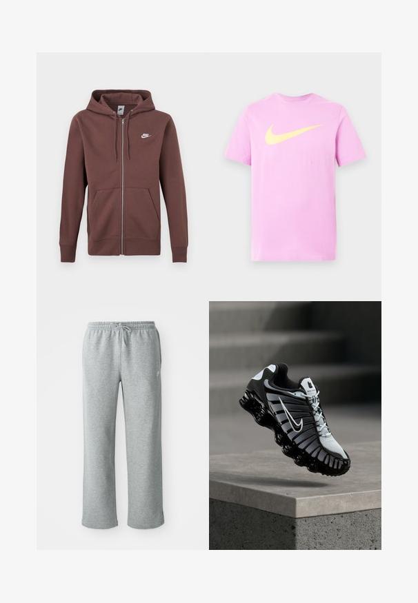 Braune Nike-Kapuzenjacke mit Reißverschluss, Kordelzug an der Kapuze, beutelförmiger Fronttasche und weißem Nike-Logo auf der linken Brust.; Hellviolettes T-Shirt mit kurzen Ärmeln und einem großen gelben Nike-Swoosh-Logo in der Mitte der Brust.; Graue Sweatpants aus Baumwolle mit elastischem Bund, Kordelzugverschluss und geraden Beinen. Verfügt über ein kleines Logo auf der oberen linken Seite.; Schwarz-weißes Nike-Laufschuh, der über einer Betonoberfläche mit einem gestuften Stein-Hintergrund schwebt.