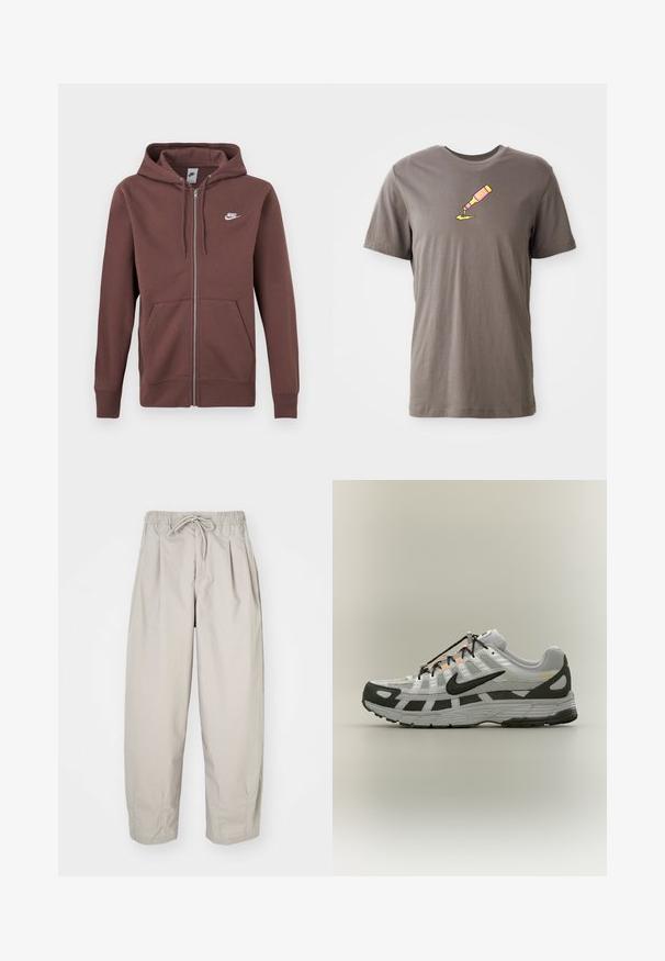 Brun Nike lynlås-hættetrøje med snøre ved hætten, front-kængurulomme og hvid Nike-logo på venstre bryst.; Grå bomulds t-shirt med korte ærmer, der har en trykt illustration af en pink flaske og gul væske, der hælder ned på fronten af skjorten.; Beige, lette bukser med elastisk talje og snor. Har plisseringer og en løs pasform, lavet af blødt, glat stof.; Hvid og grå atletiksko med sort Nike-swoosh, sorte snørebånd og orange accenter på en neutral baggrund.