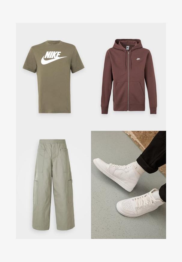 Sudadera con cremallera de Nike en color marrón, con capucha ajustable con cordón, bolsillo tipo canguro en la parte delantera y el logo blanco de Nike en el pecho izquierdo.; Camiseta de manga corta verde oliva hecha de algodón, con un logo de Nike blanco y el característico swoosh impreso en el frente. Diseño simple con cuello redondo.; Pantalones cargo holgados de color verde oliva con una cinturilla elástica, múltiples bolsillos y una textura suave. Ancho colapsable en el dobladillo.; Zapatillas altas blancas hechas de cuero suave con puntera perforada, cierre de cordones y sutil detalle del logo en el lateral. Suela de goma texturizada.