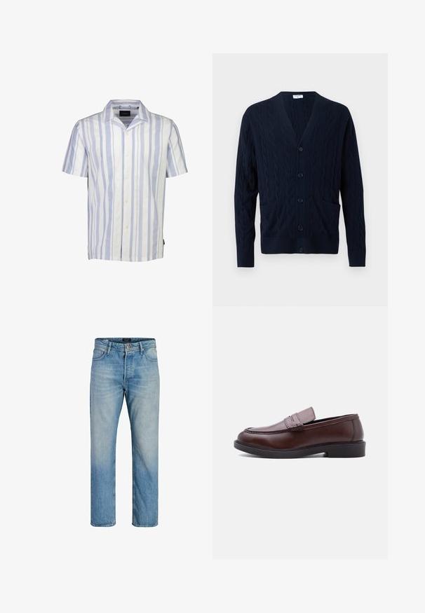 Marineblå kabelstrikket cardigan med V-hals, knapper foran, lange ærmer og to forlommer.; Kortærmet button-up skjorte i hvid og lyseblå lodrette striber. Fremstillet af letvægtigt stof med klassisk krave og fem knapper.; Lyseblå denimjeans med lige ben, foran knap og lynlås, bæltestropper og klassisk fem-lomme design.; Brun læderloafer med sort sål og syninger vist i sideprofil mod hvid baggrund.