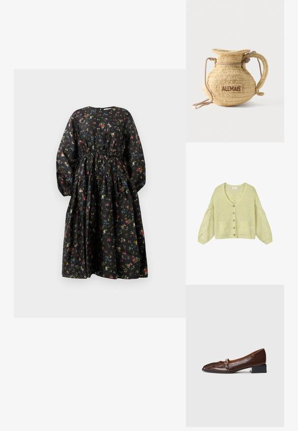 Lysegrøn strikket cardigan med kabelmønstrede ærmer, knapper foran, to forlommer og en V-hals krave.; Sort blomsterkjole med lange ærmer, indsnævret talje og lagdelt nederdel. Har et farverigt blomsterprint og en glat stoftekstur.; Mørkebrune patentlæder Mary Jane-sko med en firkantet sort lav hæl og sølvspænde, vist i profil på en hvid baggrund.; Rund flettet stråtaske med håndtag af reb og "ALEMAIS" broderet på siden med brunt garn.