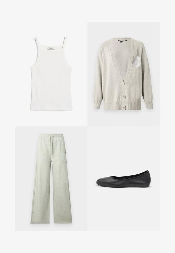 Cardigan en maille gris clair avec trois boutons et poignets, ourlet et encolure côtelés, avec un petit logo blanc sur la poitrine gauche.; Débardeur blanc à fines bretelles, en tissu de coton côtelé, avec un décolleté droit et une finition soignée à l'ourlet.; Pantalon de survêtement gris clair à jambes larges avec taille élastique, cordon, poches latérales et logo discret sur le haut de la cuisse.; Ballerines en cuir noir avec un bout rond, texture lisse, détails de couture minimalistes et design de semelle flexible.