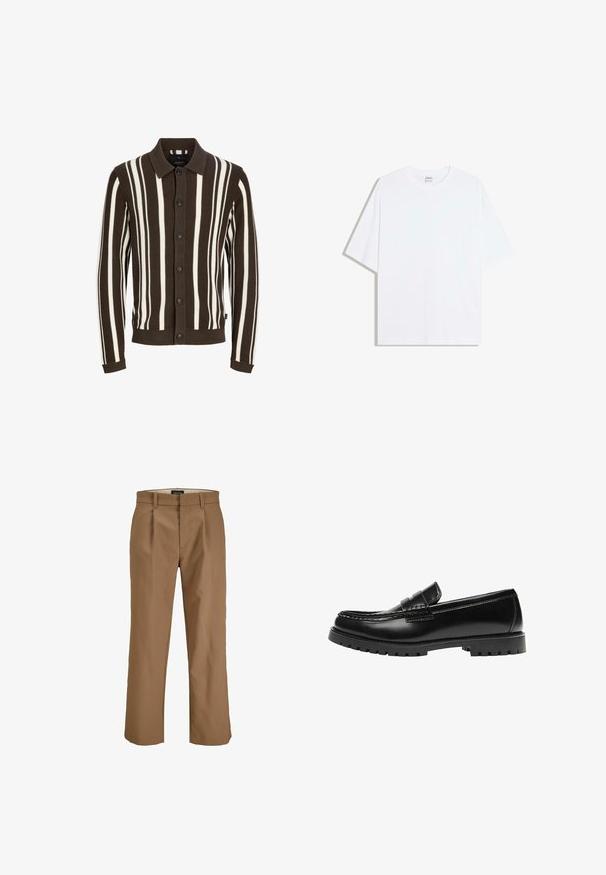 Cardigan rayé marron et blanc avec un col, fermeture à boutons, texture côtelée et poignets. Le tissu est en tricot et présente des rayures verticales.; T-shirt oversize en coton blanc avec un col rond et des manches courtes ; texture lisse, sans motifs ni accents visibles.; Pantalon marron en tissu lisse, avec une coupe droite, des plis à l'avant et des passants de ceinture. Pas de motifs ni d'accents visibles.; Mocassin en cuir noir avec une semelle en caoutchouc épaisse et un détail classique de bride à monnaie, vu de côté extérieur.