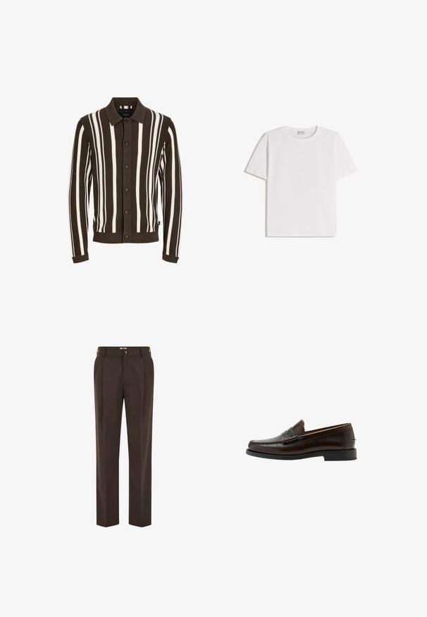 Cardigan rayé marron et blanc avec un col, fermeture à boutons, texture côtelée et poignets. Le tissu est en tricot et présente des rayures verticales.; T-shirt en coton blanc avec un col rond et des manches courtes. Présente une coupe classique et carrée, sans motifs ni accents visibles.; Pantalon marron foncé sur mesure avec plis à l'avant, passants de ceinture, fermeture par bouton et coupe droite.; Mocassin penny en cuir marron foncé avec bout moc cousu, talon bas et finition lisse, présenté de profil sur fond blanc.