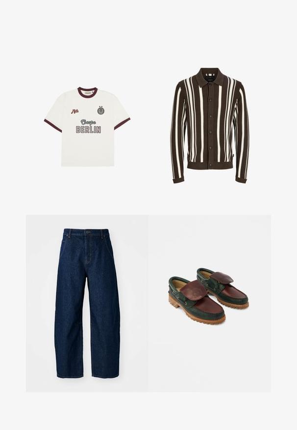 Cardigan rayé marron et blanc avec un col, fermeture à boutons, texture côtelée et poignets. Le tissu est en tricot et présente des rayures verticales.; T-shirt blanc à manches courtes avec des bordures bordeaux, avec le texte "Escape BERLIN" au centre devant, "Mitte" sur la poitrine gauche, et un emblème circulaire avec deux étoiles sur la poitrine droite.; Jean en denim foncé à jambes larges et taille haute, avec cinq poches, fermeture à l'avant par bouton et détails de couture visibles.; Chaussures en cuir avec un corps vert foncé, un dessus bordeaux, un bout rond, un rabat sécurisé et une semelle en caoutchouc texturée avec des rainures.