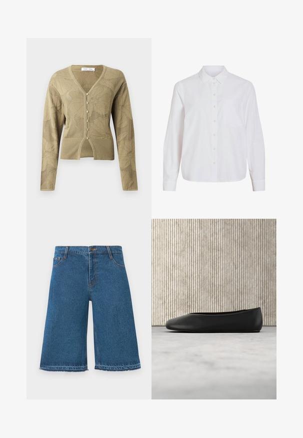 Lyse olivengrøn strikket cardigan med blomstrede blonde mønstre, V-hals, lange ærmer, seks små knapper og ribbet kant.; Hvid skjorte med lange ærmer, knapper foran, klassisk krave, enkelt brystlomme, lavet af glat, let stof med løs pasform.; Blå denim shorts til knæene med frynset kant, frontknap og lommer på en ensfarvet hvid baggrund.; Sorte læder balletflade med en rund tå, glat tekstur og en gulds logoaccent på siden. Placeret over en reflekterende overflade.