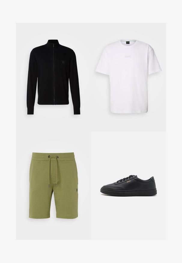 Sweatshirt noir zippé en tissu tricoté doux, avec un col montant, des manches longues et un discret patch logo texturé sur la poitrine.; T-shirt en coton blanc à manches courtes, col rond, avec un logo « BOSS » en relief sur la poitrine. Texture lisse, coupe standard.; Shorts vert olive en tissu doux. Dotés d'une taille élastique avec cordon de serrage, de poches latérales et d'un petit logo sur le côté.; Baskets en cuir noir avec une texture lisse, bout rond, semelle en caoutchouc plate et lacets ton sur ton. Présente une marque "BOSS" dorée sur le côté.