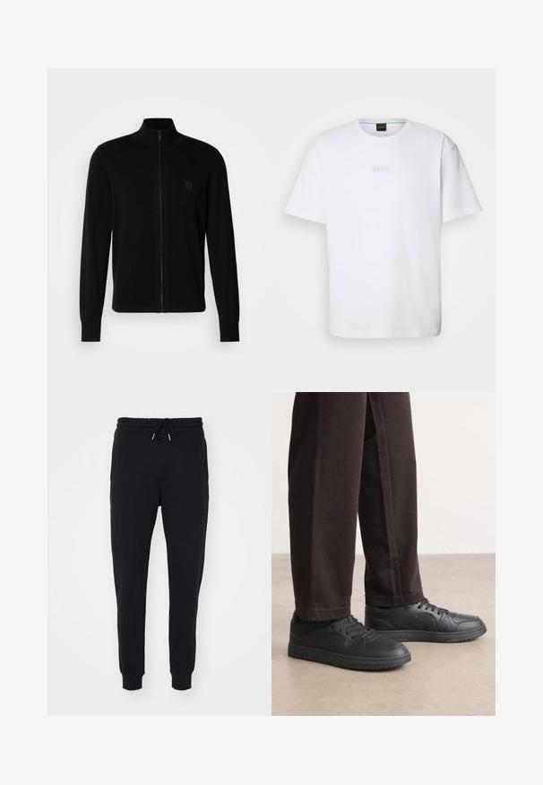 Sweatshirt noir zippé en tissu tricoté doux, avec un col montant, des manches longues et un discret patch logo texturé sur la poitrine.; T-shirt en coton blanc à manches courtes, col rond, avec un logo « BOSS » en relief sur la poitrine. Texture lisse, coupe standard.; Pantalons de survêtement noirs en tissu doux, dotés d'une taille élastique avec cordon de serrage, de poches latérales et de finitions ajustées aux chevilles.; Baskets noires avec une texture lisse semblable au cuir, bout rond et système de laçage. Associées à un pantalon foncé à coupe décontractée. Semelle en caoutchouc plate.