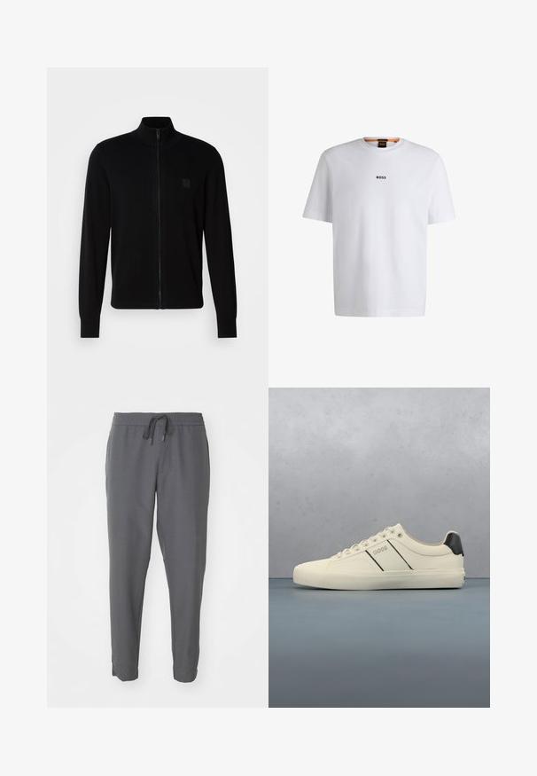 Sort lynlås-trøje lavet af et blødt strikstof med en opretstående krave, lange ærmer og et subtilt tekstureret logo-patch på brystet.; Hvid bomuld T-shirt med korte ærmer, med et sort "BOSS" logo centreret på brystet og en rund halsudskæring.; Grå joggebukser lavet af glat stof, med elastisk talje og snøre, tætsiddende ben og sidelommer.; Cremefarvede sneakers med en glat tekstur, der har sorte accenter og branding. Klassisk snørebåndsdesign med rund tå og gummisål.